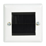 AV:Link single gang steel brush wallplate in white with square aperture, twin black brushes and two cross-head fixing screws.