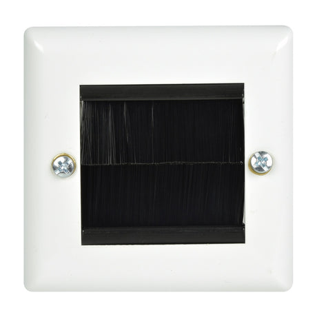 AV:Link single gang steel brush wallplate in white with square aperture, twin black brushes and two cross-head fixing screws.