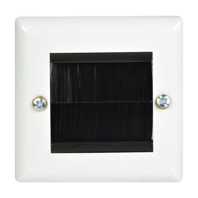AV:Link single gang steel brush wallplate in white with square aperture, twin black brushes and two cross-head fixing screws.