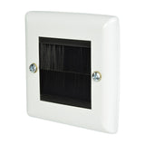 AV:Link single gang steel brush wallplate in white with twin black bristle aperture and two visible fixing screws, shown against a plain white background.