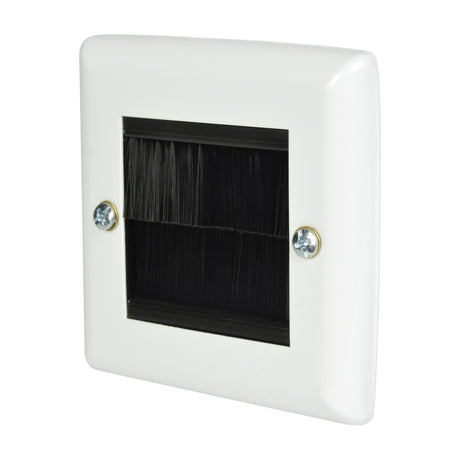 AV:Link single gang steel brush wallplate in white with twin black bristle aperture and two visible fixing screws, shown against a plain white background.