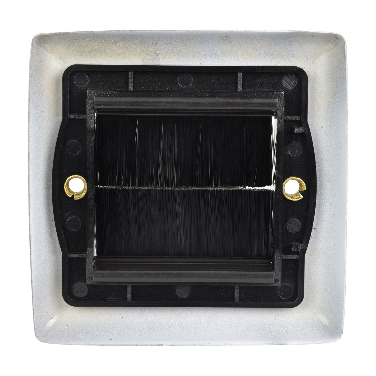 AV:Link single gang steel brush wallplate in white, rear view showing black plastic housing with twin brush aperture and brass mounting lugs.