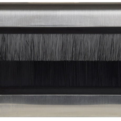 Close-up of AV:Link double gang steel brush wallplate faceplate by AVSL, showing the brushed metal frame and twin black bristle brushes filling the aperture.