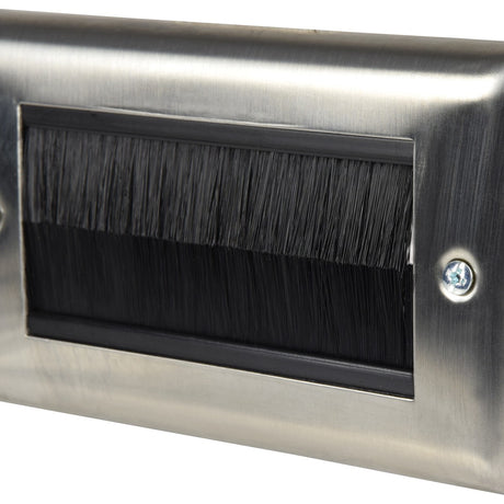 AV:Link double gang steel brush wallplate shown in close-up, with brushed metal faceplate, black twin-brush aperture, and visible mounting screw.