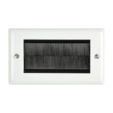 AV:Link double gang steel brush wallplate in white with twin black bristle inserts and side fixing screws, shown on a plain background.
