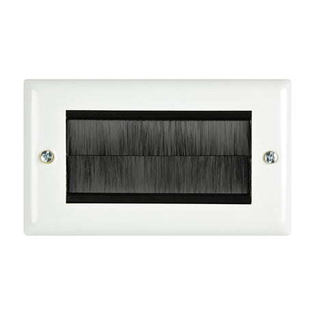 AV:Link double gang steel brush wallplate in white with twin black bristle inserts and side fixing screws, shown on a plain background.