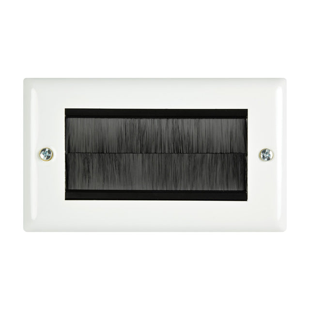 AV:Link double gang steel brush wallplate in white with twin black bristle inserts and side fixing screws, shown on a plain background.