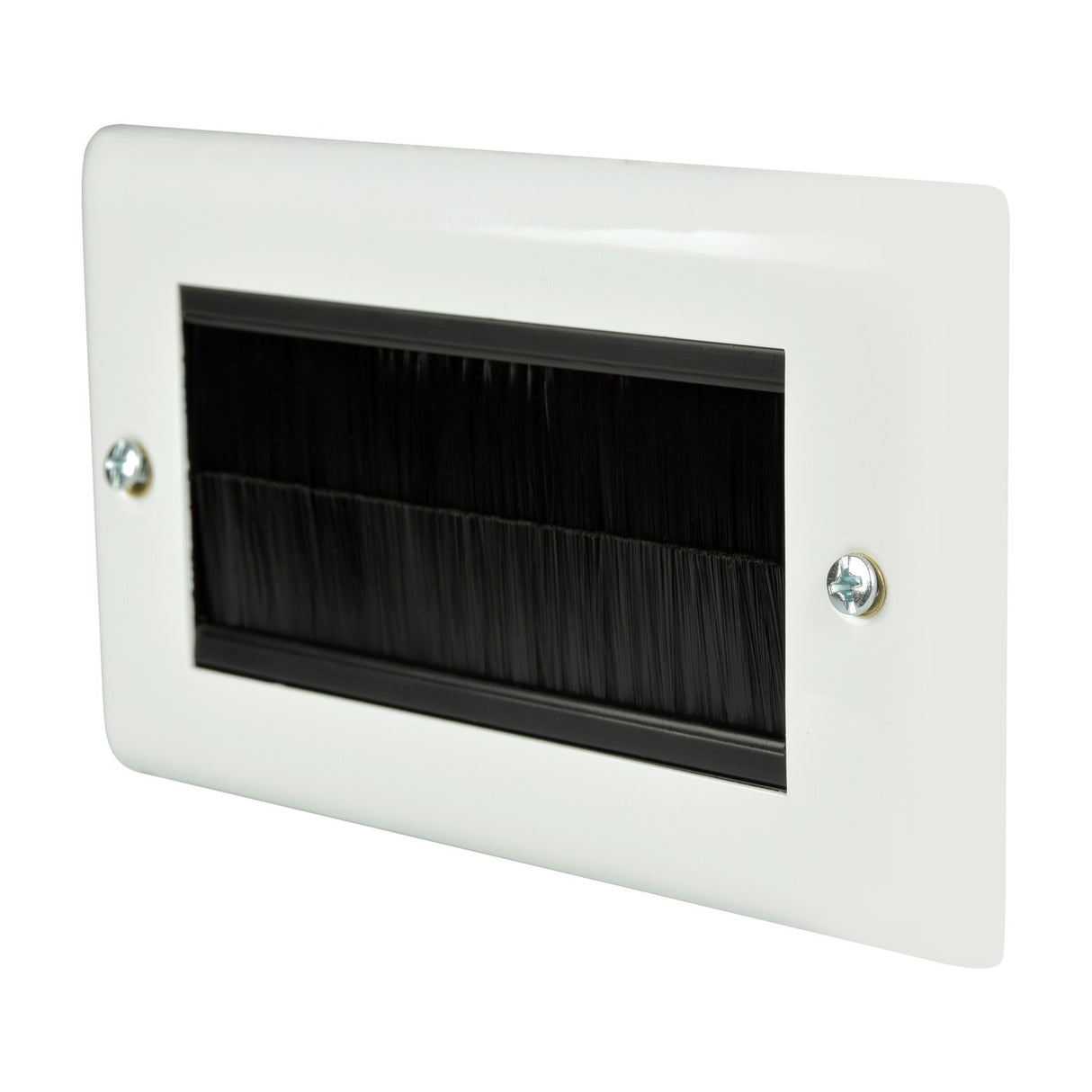 AV:Link double gang steel brush wallplate in white with twin black bristle inserts and two visible fixing screws, shown against a plain background.