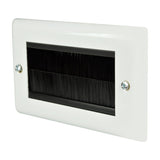 AV:Link double gang steel brush wallplate in white with twin black bristle inserts and two visible fixing screws, shown against a plain background.