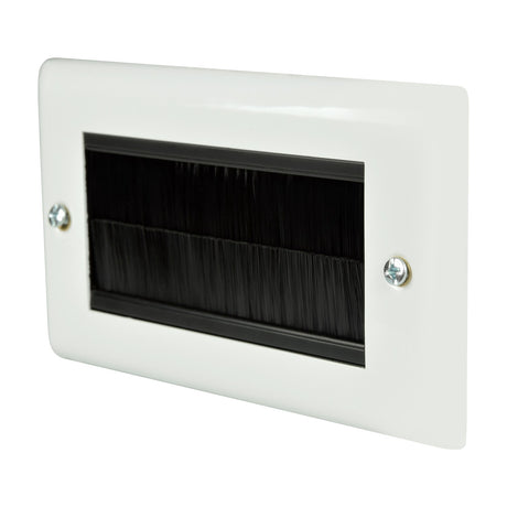 AV:Link double gang steel brush wallplate in white with twin black bristle inserts and two visible fixing screws, shown against a plain background.