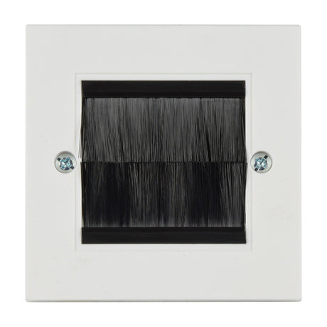 AV:Link single gang plastic brush wallplate in white with black twin-brush aperture and two chrome fixing screws, shown on a plain background.