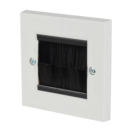 AV:Link single gang plastic brush wallplate in white with black bristle aperture and two fixing screws, shown at an angle on a plain background.