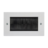 AV:Link double gang plastic brush wallplate in white with black bristle-filled cable aperture and two fixing screws, on a plain background.