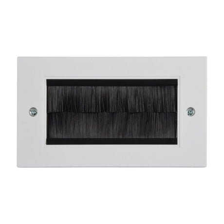 AV:Link double gang plastic brush wallplate in white with black bristle-filled cable aperture and two fixing screws, on a plain background.