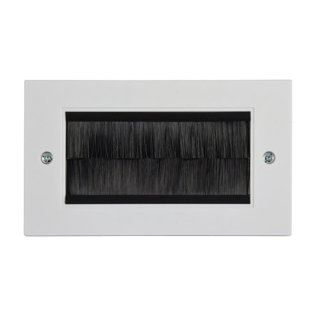 AV:Link double gang plastic brush wallplate in white with black bristle-filled cable aperture and two fixing screws, on a plain background.