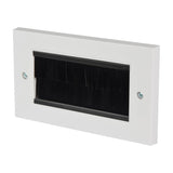 AV:Link double gang plastic brush wallplate in white with central black brush-filled aperture and two silver fixing screws, shown against a plain background.