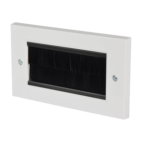 AV:Link double gang plastic brush wallplate in white with central black brush-filled aperture and two silver fixing screws, shown against a plain background.