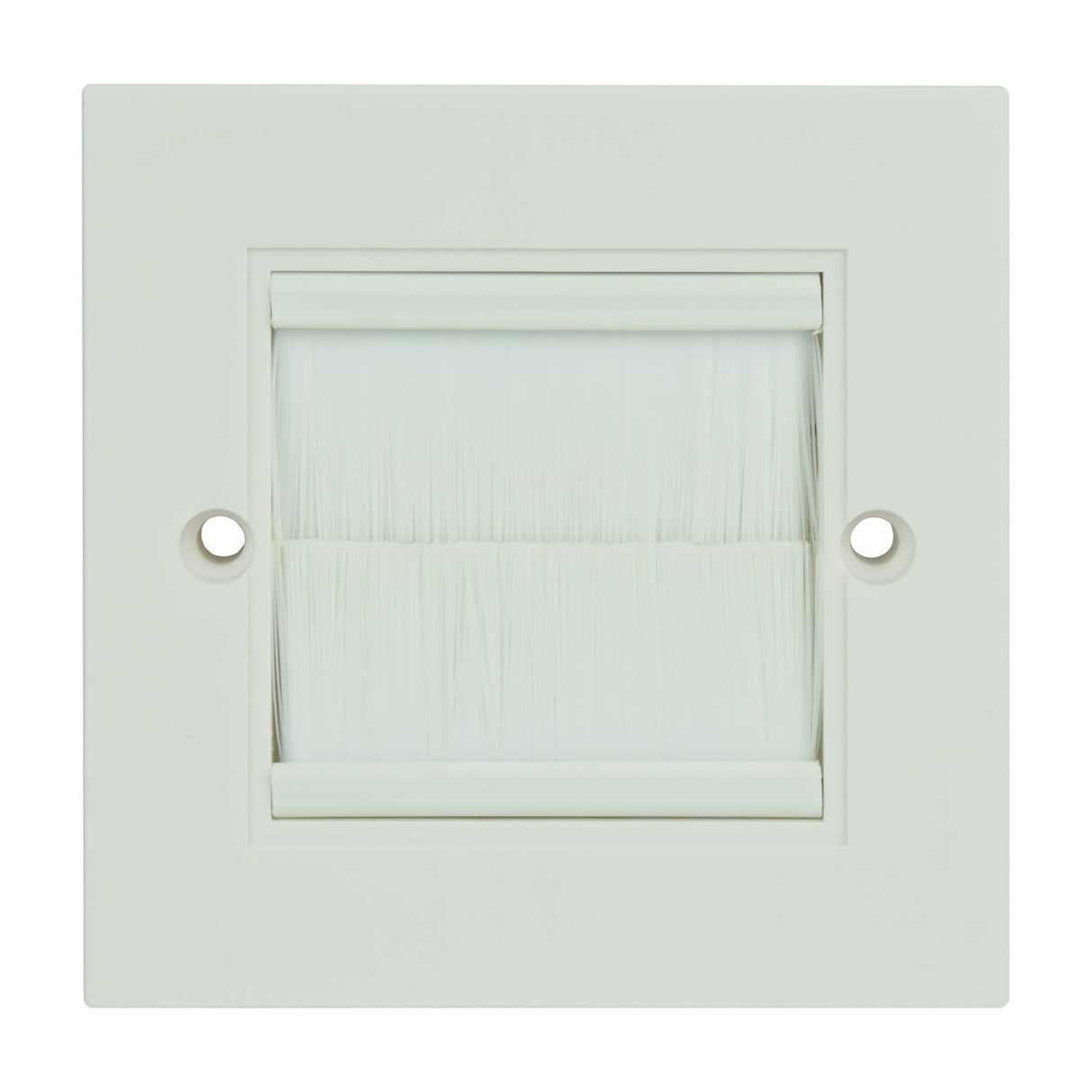 AV:Link white single gang wallplate with brush cable entry and two side screw holes, shown on a plain background.