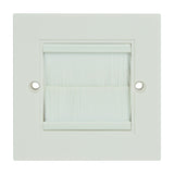 AV:Link white single gang wallplate with brush cable entry and two side screw holes, shown on a plain background.