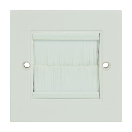 AV:Link white single gang wallplate with brush cable entry and two side screw holes, shown on a plain background.