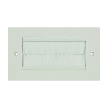 AV:Link double gang wallplate with white brush inserts for cable routing, rectangular white frame with screw holes, shown on a plain background.