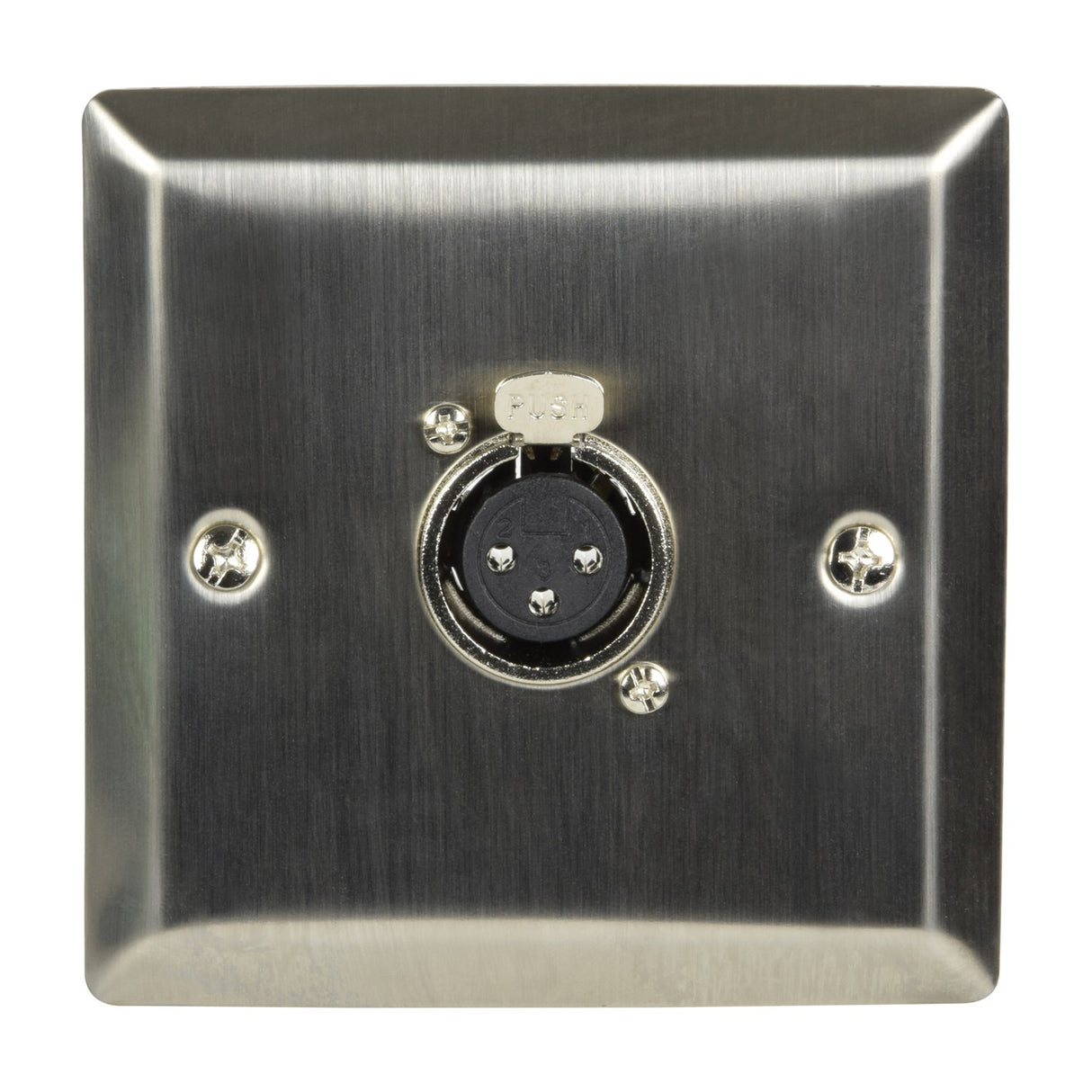 AV:Link brushed steel 1-gang wallplate with a single XLR socket and visible fixing screws, shown on a plain background.