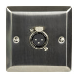 AV:Link brushed steel 1-gang wallplate with a single XLR socket and visible fixing screws, shown on a plain background.