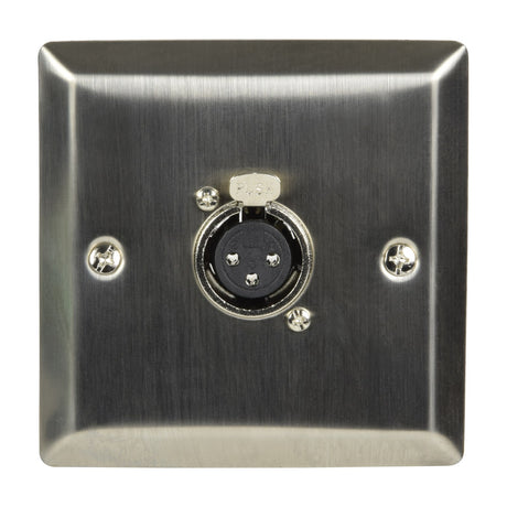 AV:Link brushed steel 1-gang wallplate with a single XLR socket and visible fixing screws, shown on a plain background.