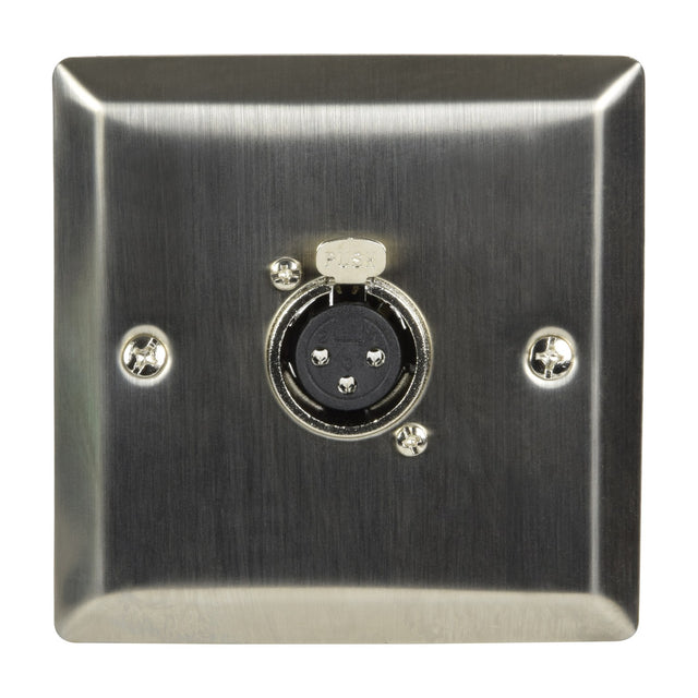 AV:Link brushed steel 1-gang wallplate with a single XLR socket and visible fixing screws, shown on a plain background.