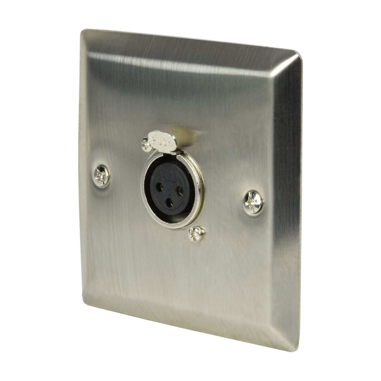 AV:Link brushed steel 1-gang wallplate with a single XLR socket and visible fixing screws, shown at an angle on a plain white background.