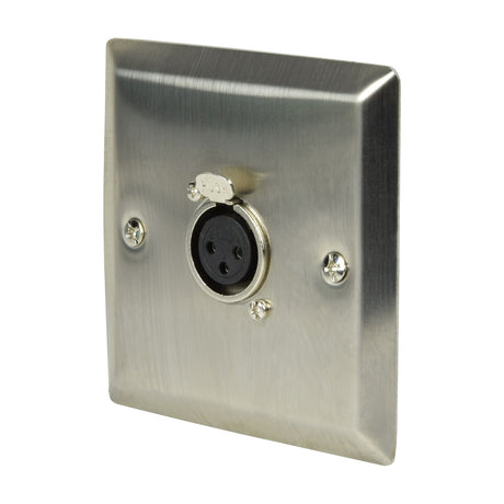 AV:Link brushed steel 1-gang wallplate with a single XLR socket and visible fixing screws, shown at an angle on a plain white background.