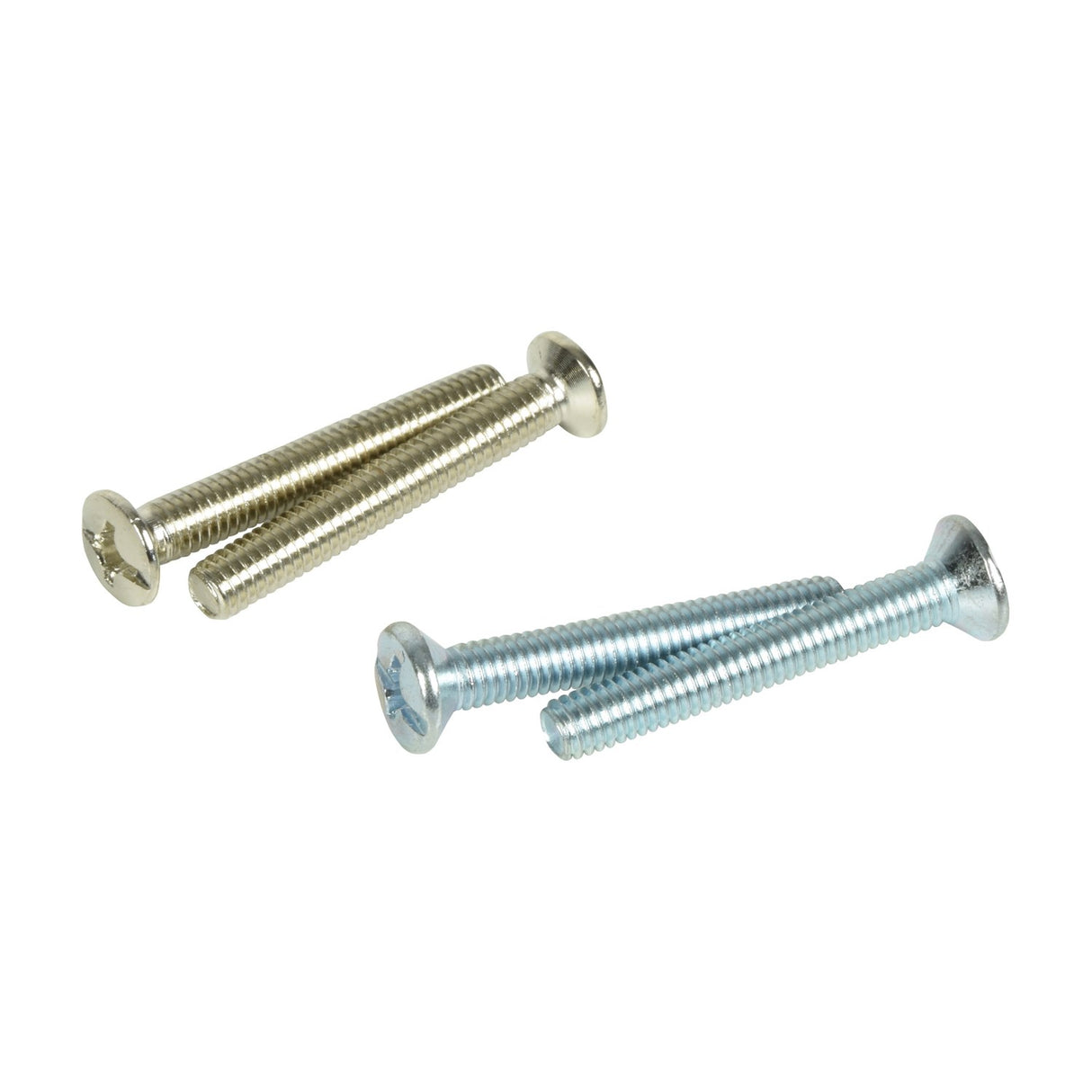 Four Pozidriv countersunk machine screws, two nickel and two zinc-plated, on white, as fixings for the AV:Link brushed steel XLR wallplate.