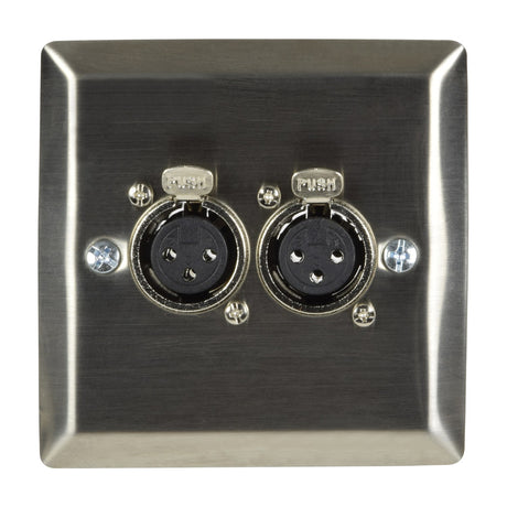 AV:Link brushed steel single-gang wallplate with two front-mounted female XLR sockets and visible fixing screws on a plain background.
