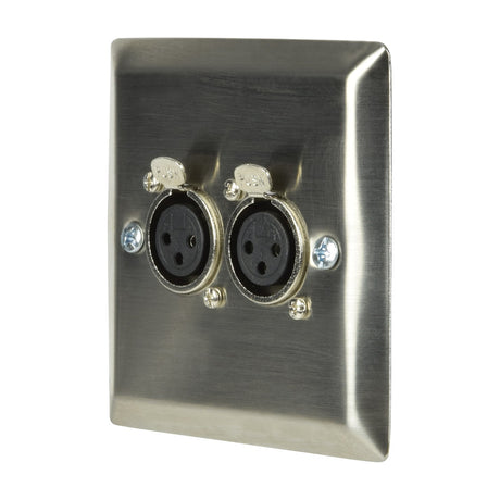AV:Link brushed steel single-gang wallplate with two female XLR sockets and visible fixing screws, shown at an angle on a plain background.