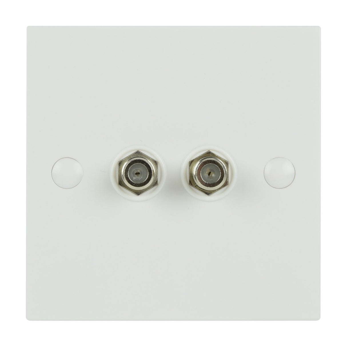 AV:Link double low loss F-Type screw wallplate with two coaxial connectors on a square white plastic faceplate, shown on a plain background.