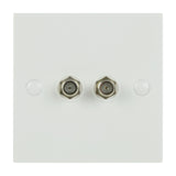 AV:Link double low loss F-Type screw wallplate with two coaxial connectors on a square white plastic faceplate, shown on a plain background.