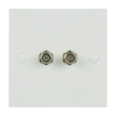 AV:Link double low loss F-Type screw wallplate with two coaxial connectors on a square white plastic faceplate, shown on a plain background.