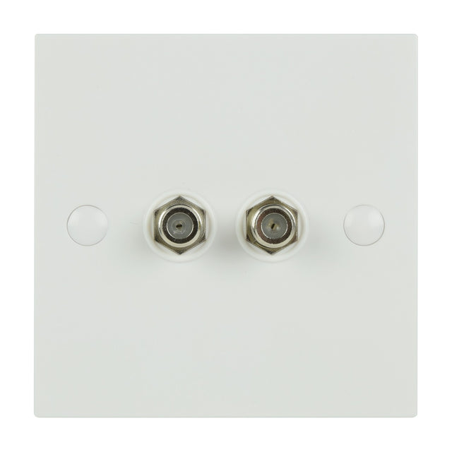 AV:Link double low loss F-Type screw wallplate with two coaxial connectors on a square white plastic faceplate, shown on a plain background.