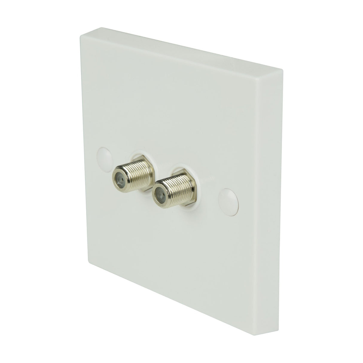 AV:Link double low loss F-Type screw wallplate with two nickel coaxial connectors on a square white plastic faceplate, shown on a plain background.