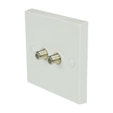 AV:Link double low loss F-Type screw wallplate with two nickel coaxial connectors on a square white plastic faceplate, shown on a plain background.