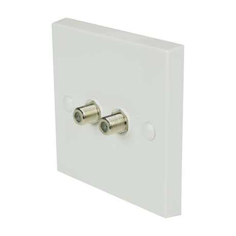 AV:Link double low loss F-Type screw wallplate with two nickel coaxial connectors on a square white plastic faceplate, shown on a plain background.