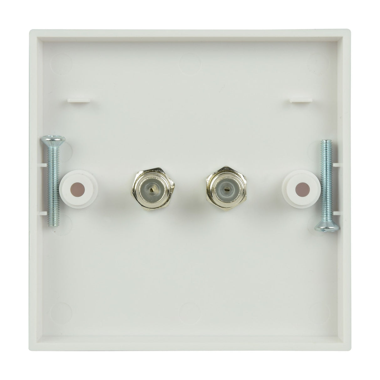 Rear view of the AV:Link Double Low Loss F-Type Screw Wallplate showing two F-Type connectors, fixing screws and screw covers on a white plastic faceplate.