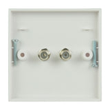 Rear view of the AV:Link Double Low Loss F-Type Screw Wallplate showing two F-Type connectors, fixing screws and screw covers on a white plastic faceplate.