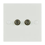 AV:Link double F-Type screw wallplate with two coaxial connectors on a square white plastic faceplate, shown against a plain background.
