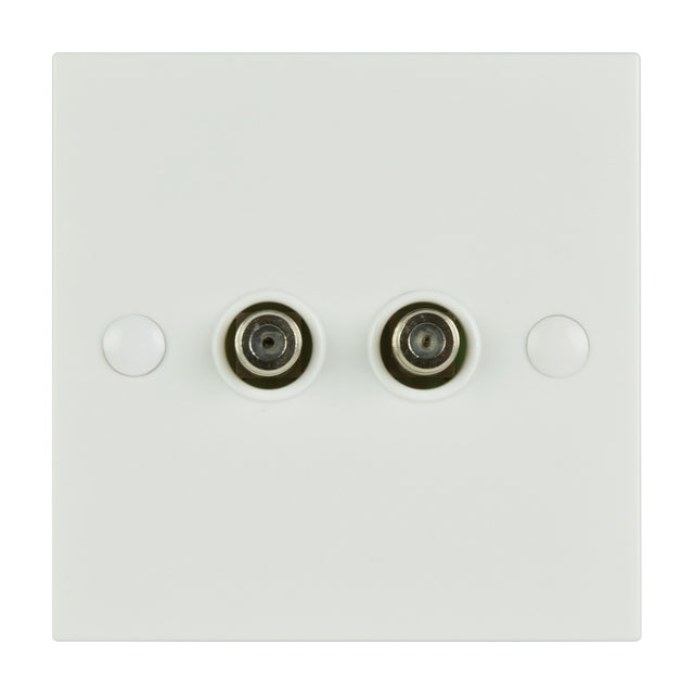 AV:Link double F-Type screw wallplate with two coaxial connectors on a square white plastic faceplate, shown against a plain background.