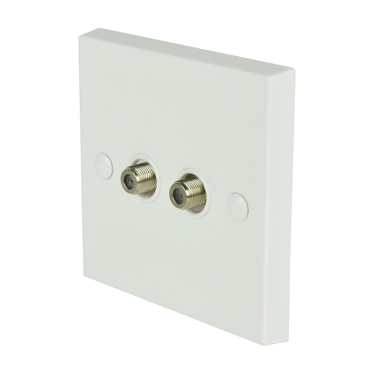 AV:Link double F-Type screw wallplate with two coaxial connectors on a square white plastic faceplate, shown at an angle on a plain background.