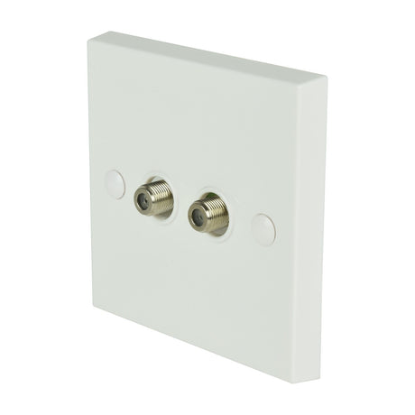 AV:Link double F-Type screw wallplate with two coaxial connectors on a square white plastic faceplate, shown at an angle on a plain background.