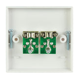 Rear view of AV:Link Double F-Type Screw Wallplate showing white plastic housing, two green PCB-mounted F-type connectors, and included fixing screws.