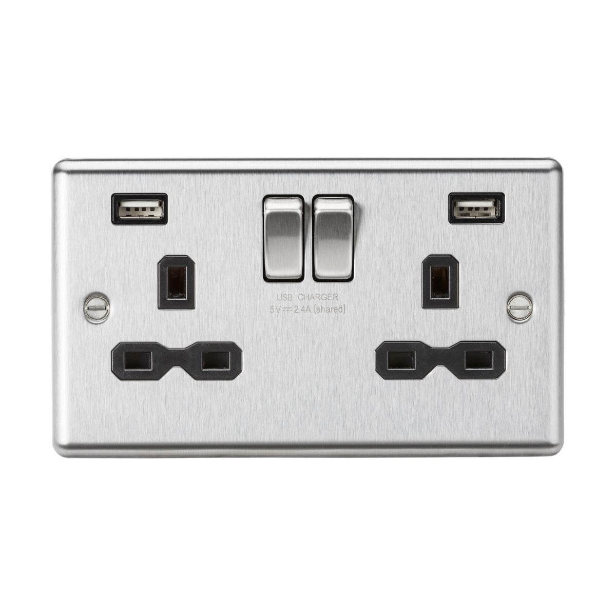 The 13A 2 Gang SP Switched Socket With Dual USB in brushed chrome, featuring a black insert and rounded edge, offers two standard three-pin plug outlets alongside a dual USB charger. It includes individual switches for each outlet, blending modern design with functionality to enhance both efficiency and style.