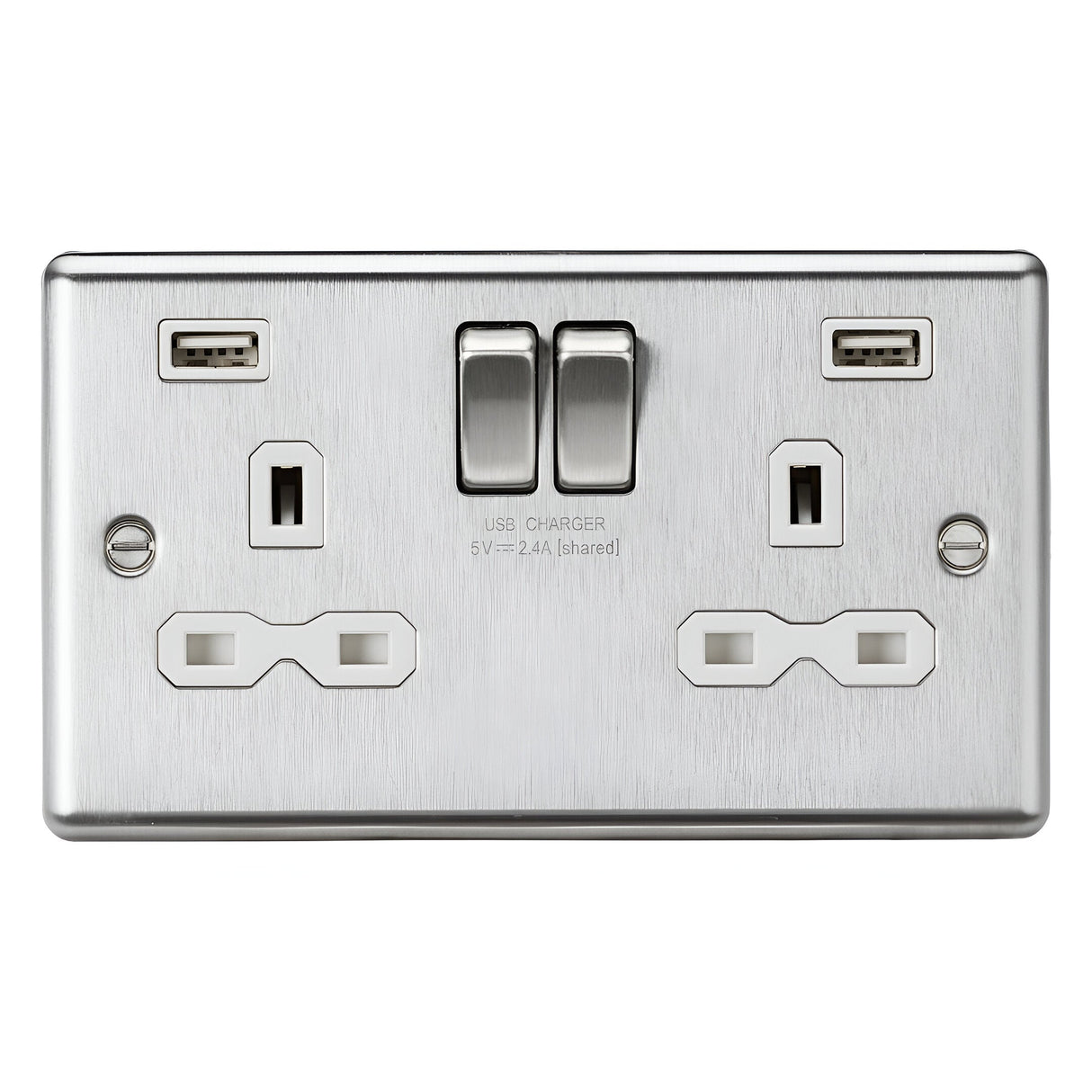 13A 2 Gang SP Switched Socket With Dual USB - Brushed Chrome With White Insert